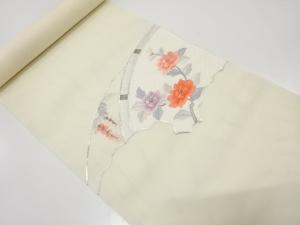 アンティーク　絽　光悦垣に牡丹・藤模様　刺繍　名古屋帯地反物